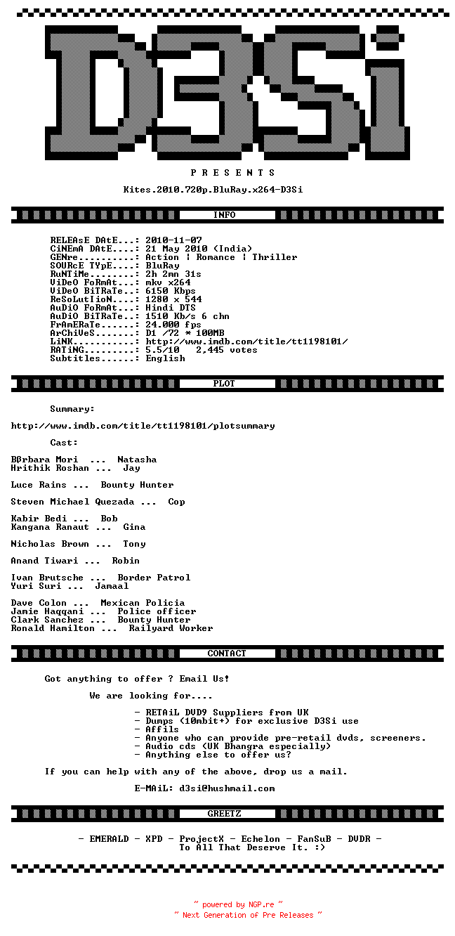 NFO for the release Kites.2010.720p.BluRay.x264-D3Si by D3Si