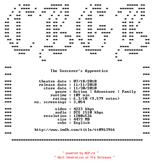 NFO for the release The.Sorcerers.Apprentice.720p.Bluray.x264-CBGB by CBGB