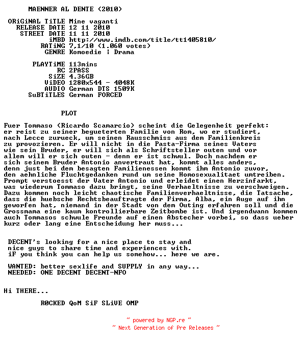 NFO for the release Maenner.al.dente.German.720p.BluRay.x264-DECENT by DECENT