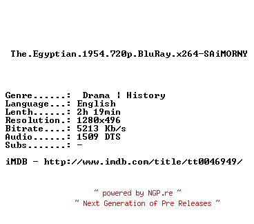 NFO for the release The.Egyptian.1954.720p.BluRay.x264-SAiMORNY by SAiMORNY