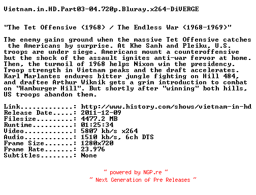 NFO for the release Vietnam.in.HD.Part03-04.720p.Bluray.x264-DiVERGE by DiVERGE