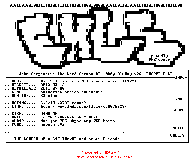 NFO for the release Die.Welt.in.10.Millionen.Jahren.1977.German.DL.720p.BluRay.x264-EHLE by EHLE