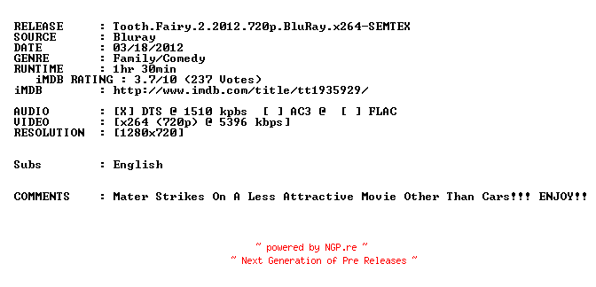 NFO for the release Tooth.Fairy.2.2012.720p.BluRay.x264-SEMTEX by SEMTEX