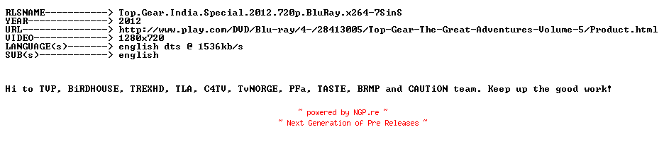 NFO for the release Top.Gear.India.Special.2012.720p.BluRay.x264-7SinS by 7SinS