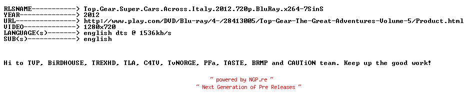 NFO for the release Top.Gear.Super.Cars.Across.Italy.2012.720p.BluRay.x264-7SinS by 7SinS