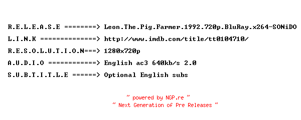 NFO for the release Leon.The.Pig.Farmer.1992.720p.BluRay.x264-SONiDO by SONiDO