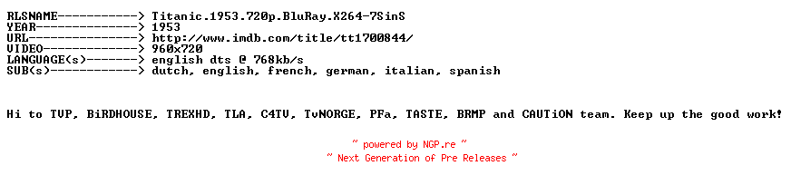 NFO for the release Titanic.1953.720p.BluRay.X264-7SinS by 7SinS