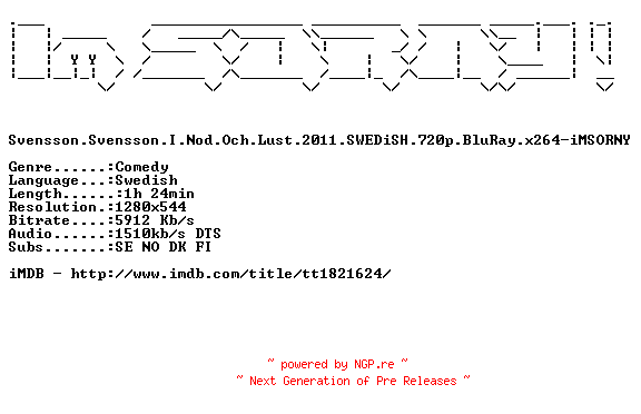NFO for the release Svensson.Svensson.I.Nod.Och.Lust.2011.SWEDiSH.720p.BluRay.x264-iMSORNY by iMSORNY