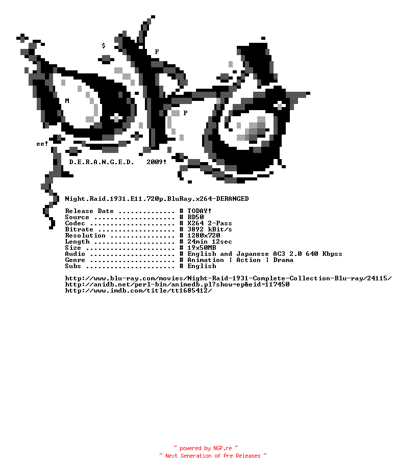 NFO for the release Night.Raid.1931.E11.720p.BluRay.x264-DERANGED by DERANGED