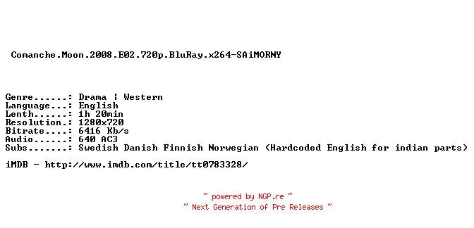 NFO for the release Comanche.Moon.2008.E02.720p.BluRay.x264-SAiMORNY by SAiMORNY