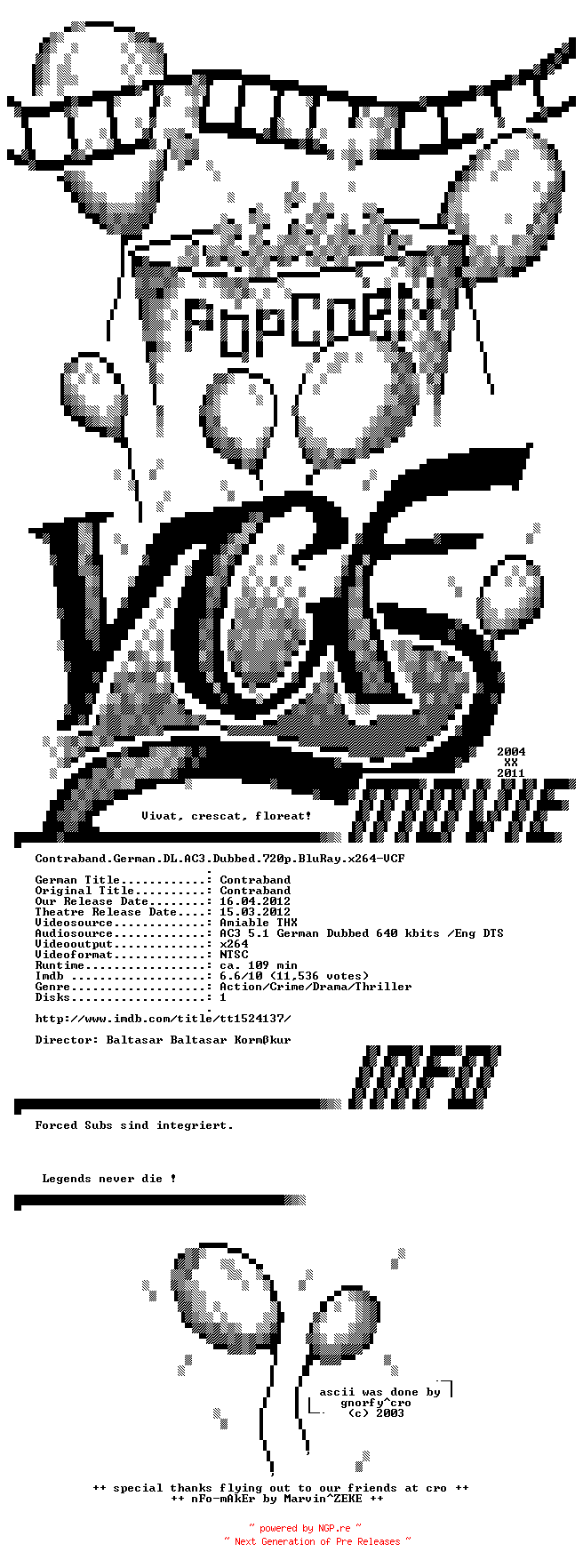 NFO for the release Contraband.German.DL.AC3.Dubbed.720p.BluRay.x264-VCF by VCF