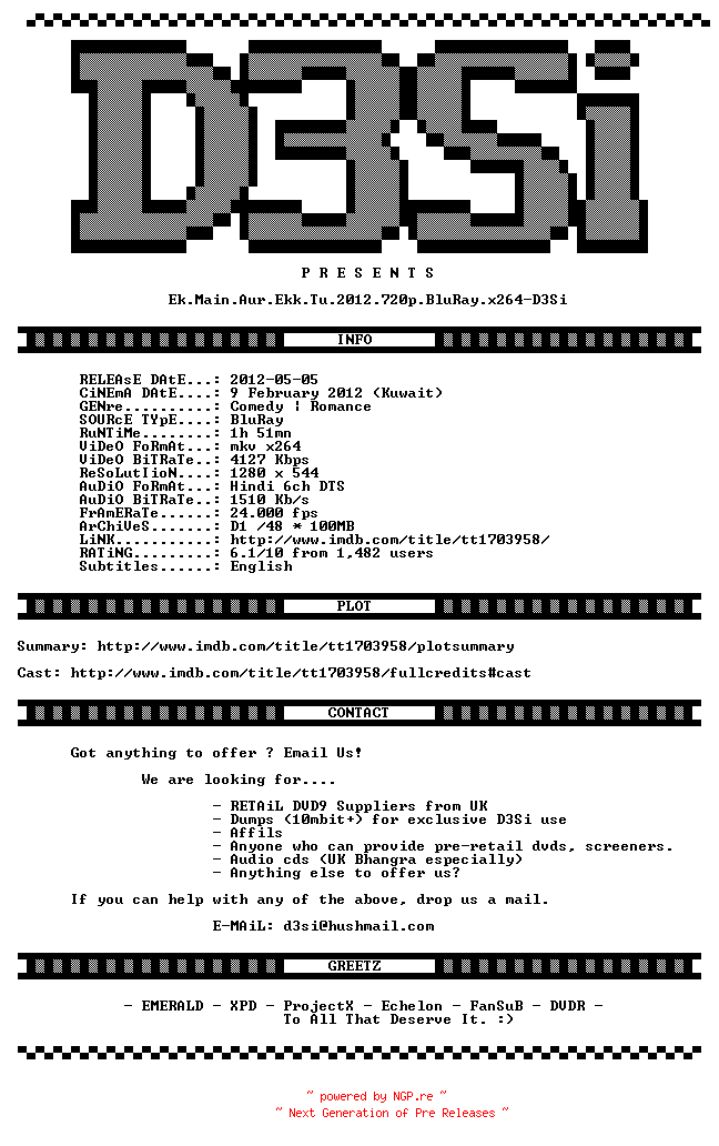 NFO for the release Ek.Main.Aur.Ekk.Tu.2012.720p.BluRay.x264-D3Si by D3Si