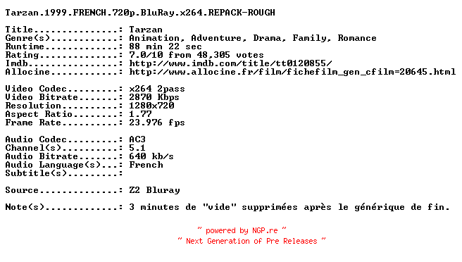 NFO for the release Tarzan.1999.FRENCH.720p.BluRay.x264.REPACK-ROUGH by ROUGH