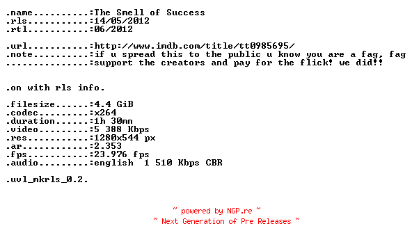 NFO for the release The.Smell.of.Success.2009.720p.BluRay.x264-UNVEiL by UNVEiL
