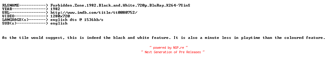 NFO for the release Forbidden.Zone.1982.Black.and.White.720p.BluRay.X264-7SinS by 7SinS
