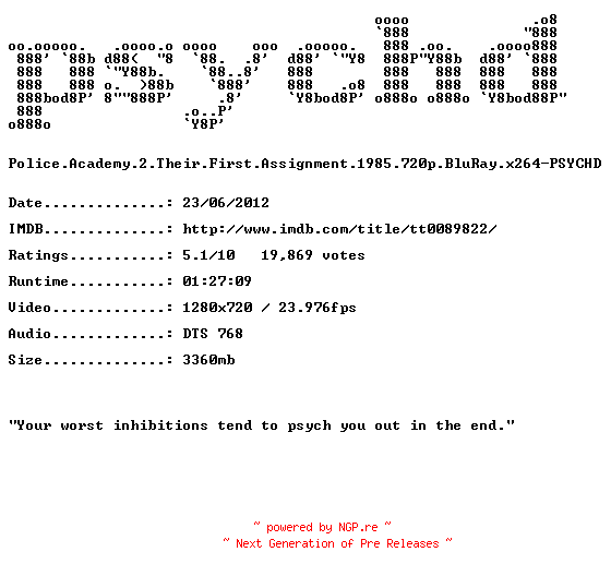 NFO for the release Police.Academy.2.Their.First.Assignment.1985.720p.BluRay.x264-PSYCHD by PSYCHD