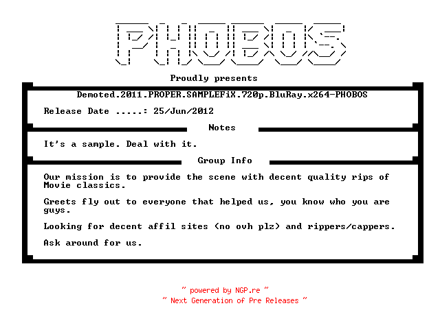 NFO for the release Demoted.2011.PROPER.720p.BluRay.x264-PHOBOS by PHOBOS