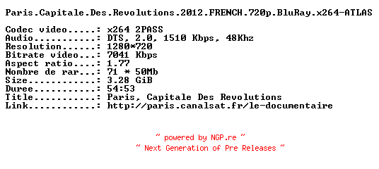 NFO for the release Paris.Capitale.Des.Revolutions.2012.FRENCH.720p.BluRay.x264-ATLAS by ATLAS
