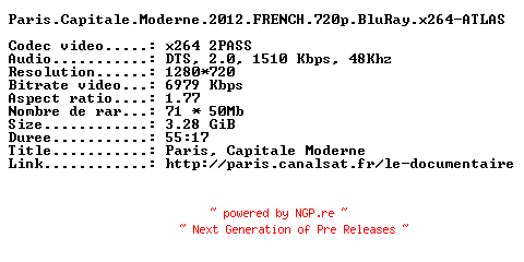 NFO for the release Paris.Capitale.Moderne.2012.FRENCH.720p.BluRay.x264-ATLAS by ATLAS