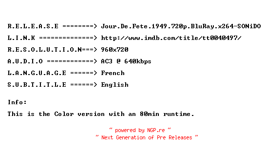 NFO for the release Jour.De.Fete.1949.720p.BluRay.x264-SONiDO by SONiDO