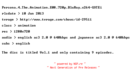 NFO for the release Persona.4.The.Animation.E08.720p.BluRay.x264-GOTEi by GOTEi