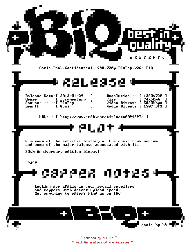 NFO for the release Comic.Book.Confidential.1988.720p.BluRay.x264-BiQ by BiQ