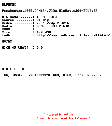 NFO for the release Pocahontas.1995.DANiSH.720p.BluRay.x264-BLUEYES by BLUEYES