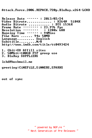 NFO for the release Attack.Force.2006.REPACK.720p.BluRay.x264-LCHD by LCHD