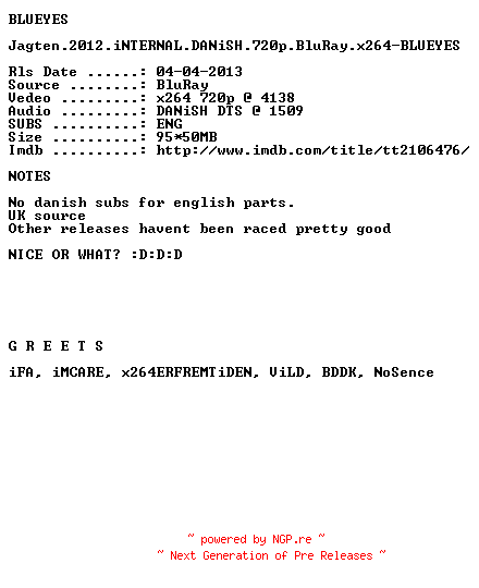 NFO for the release Jagten.2012.iNTERNAL.DANiSH.720p.BluRay.x264-BLUEYES by BLUEYES