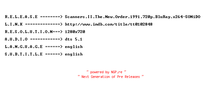NFO for the release Scanners.II.The.New.Order.1991.720p.BluRay.x264-SONiDO by SONiDO