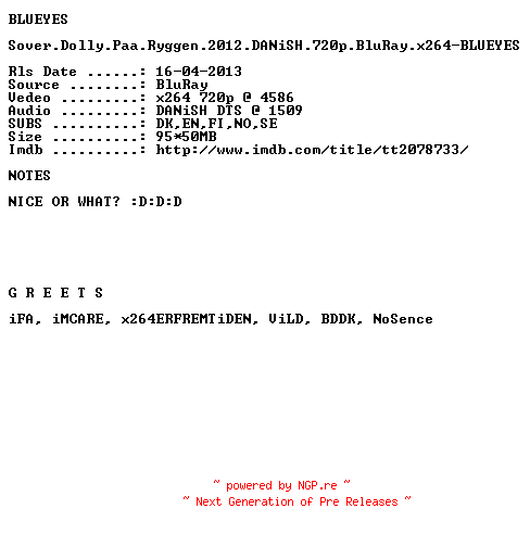 NFO for the release Sover.Dolly.Paa.Ryggen.2012.DANiSH.720p.BluRay.x264-BLUEYES by BLUEYES