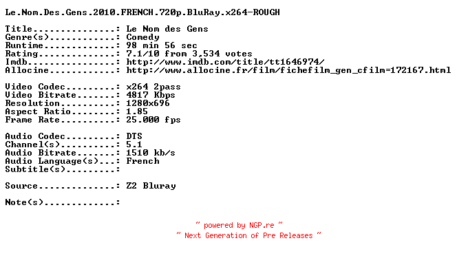 NFO for the release Le.Nom.Des.Gens.2010.FRENCH.720p.BluRay.x264-ROUGH by ROUGH