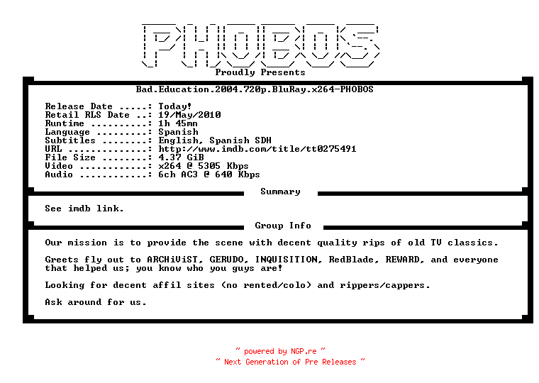 NFO for the release Bad.Education.2004.720p.BluRay.x264-PHOBOS by PHOBOS