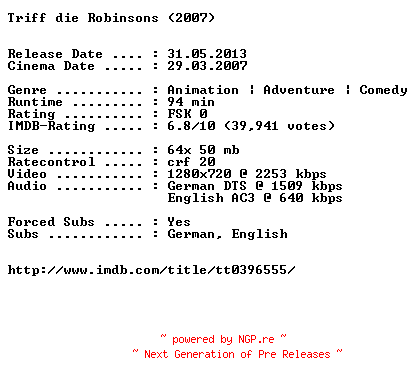 NFO for the release Triff.die.Robinsons.2007.German.DL.720p.BluRay.x264.iNTERNAL-1aQuali by 1aQuali