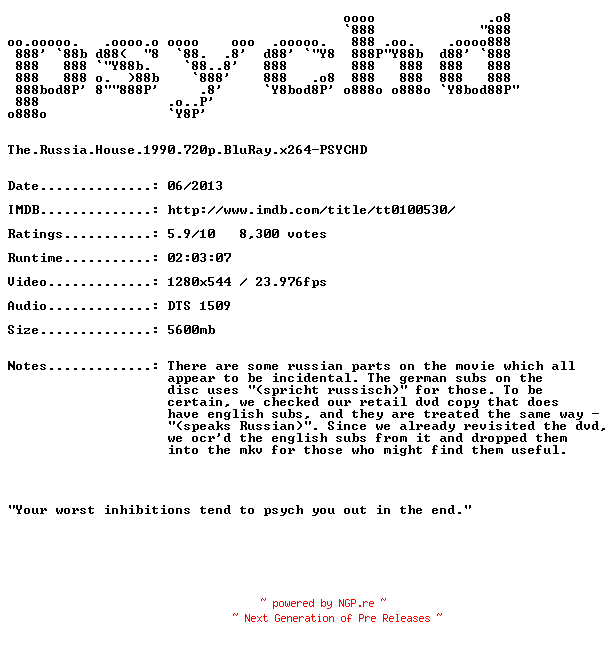 NFO for the release The.Russia.House.1990.720p.BluRay.x264-PSYCHD by PSYCHD