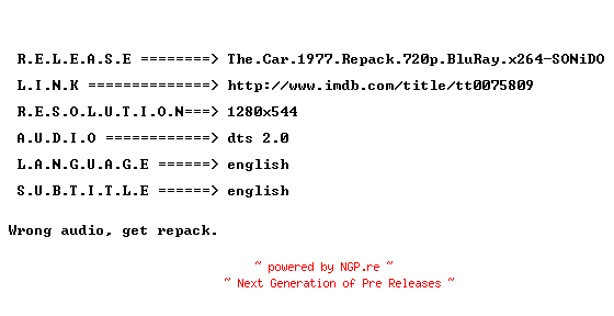 NFO for the release The.Car.1977.Repack.720p.BluRay.x264-SONiDO by SONiDO