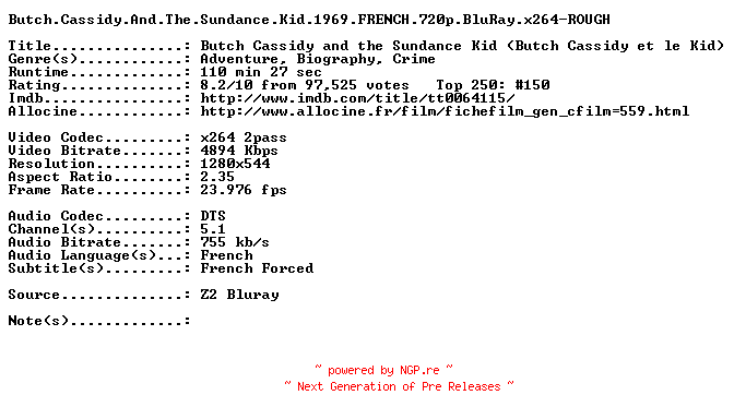 NFO for the release Butch.Cassidy.And.The.Sundance.Kid.1969.FRENCH.720p.BluRay.x264-ROUGH by ROUGH