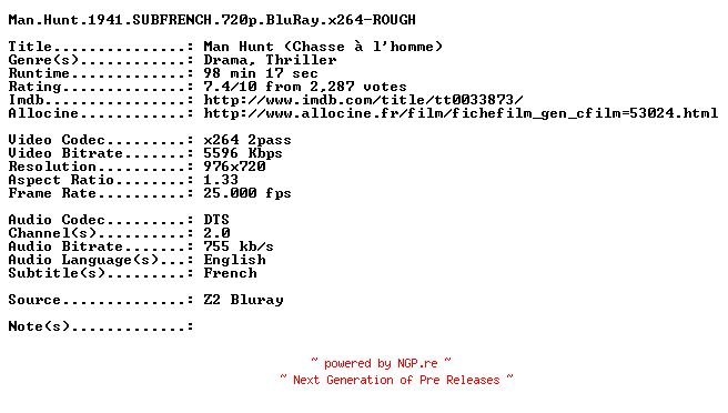 NFO for the release Man.Hunt.1941.SUBFRENCH.720p.BluRay.x264-ROUGH by ROUGH