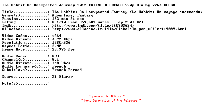 NFO for the release The.Hobbit.An.Unexpected.Journey.2012.EXTENDED.FRENCH.720p.BluRay.x264-ROUGH by ROUGH