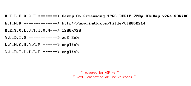 NFO for the release Carry.On.Screaming.1966.RERIP.720p.BluRay.x264-SONiDO by SONiDO