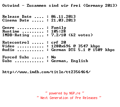 NFO for the release Ostwind.Zusammen.sind.wir.frei.German.720p.BluRay.x264-EXQUiSiTE by EXQUiSiTE