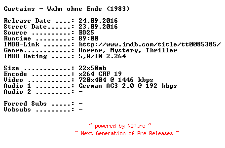 NFO for the release Curtains.Wahn.ohne.Ende.German.1983.AC3.BDRip.x264-SPiCY by SPiCY