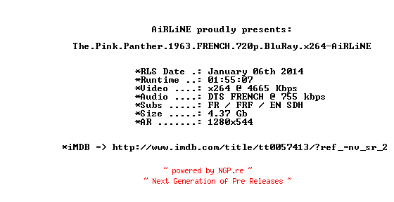 NFO for the release The.Pink.Panther.1963.FRENCH.720p.BluRay.x264-AiRLiNE by AiRLiNE