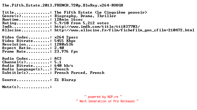 NFO for the release The.Fifth.Estate.2013.FRENCH.720p.BluRay.x264-ROUGH by ROUGH