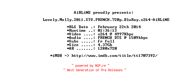 NFO for the release Lovely.Molly.2011.STV.FRENCH.720p.BluRay.x264-AiRLiNE by AiRLiNE