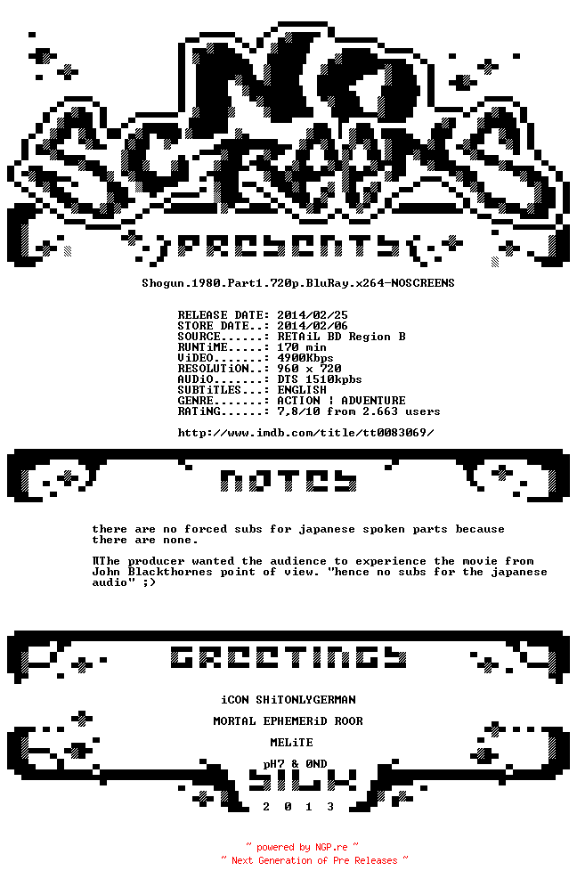 NFO for the release Shogun.1980.Part1.720p.BluRay.x264-NOSCREENS by NOSCREENS