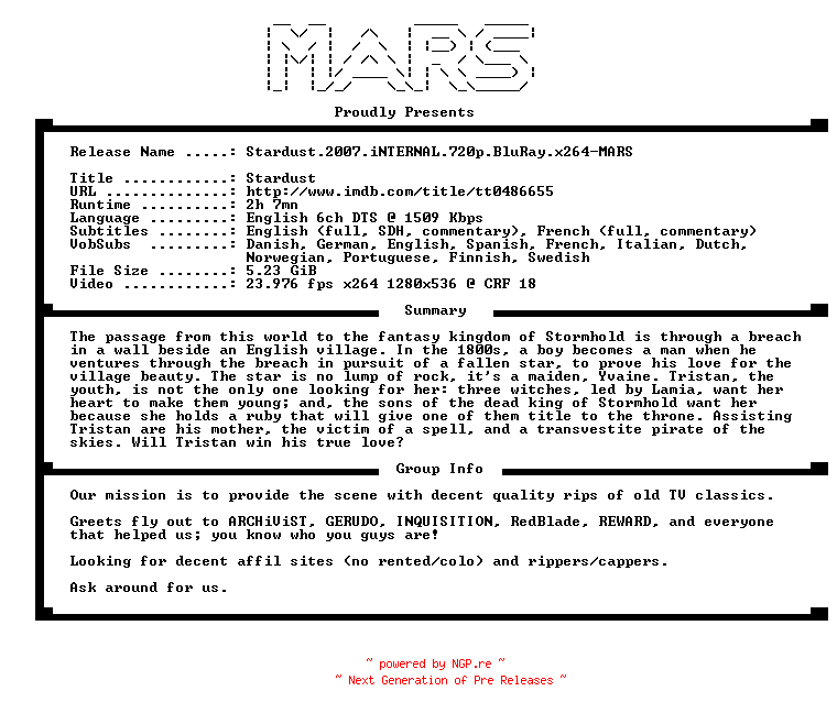 NFO for the release Stardust.2007.iNTERNAL.720p.BluRay.x264-MARS by MARS