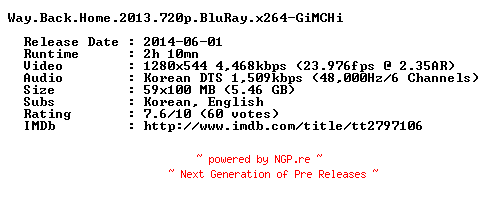NFO for the release Way.Back.Home.2013.720p.BluRay.x264-GiMCHi by GiMCHi
