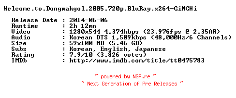 NFO for the release Welcome.to.Dongmakgol.2005.720p.BluRay.x264-GiMCHi by GiMCHi