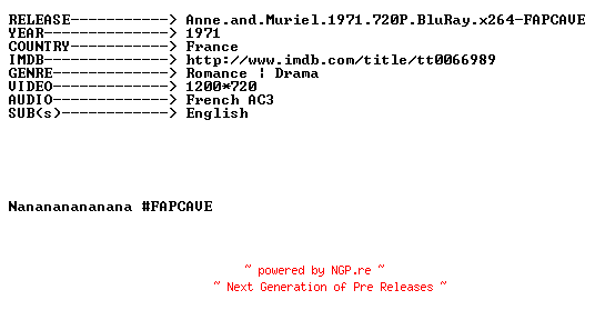 NFO for the release Anne.and.Muriel.1971.720P.BluRay.x264-FAPCAVE by FAPCAVE